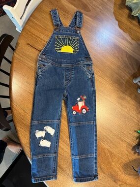 Mini Boden Kids Denim Overalls with Farm, Sun, & Tractor Embroidery